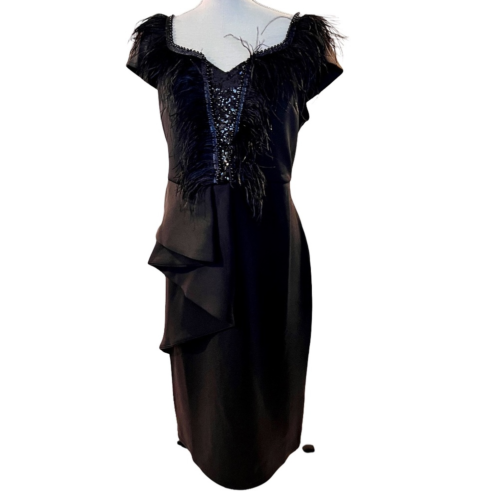 # A189  For Her NYC   Black Feather  Sequin Glam Night out  Dress  NWT  XL - Picture 4 of 10